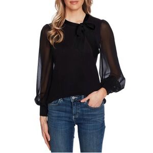 CeCe Women’s Black Bow Neck Mixed Media Sheer Long Sleeve Sweater Size Medium